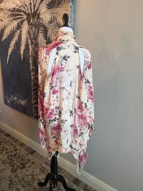 Free People Cream Floral Open-Back Top with Pink Roses